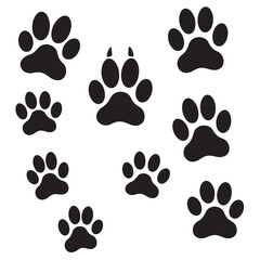 Fototapeta premium A collection of stylized black silhouette paw prints scattered across a white background ideal for various animal related designs