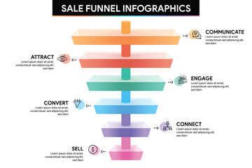 6 Phase Funnel Diagram in Glassmorphism Style. Rectangle Shape with Cylinder Pipeline Infographic Template Illustration for Business Report.