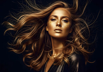 Fototapeta premium Gold woman with beauty model girl golden makeup and long hair on black background. Glowing gold skin and fluttering hair. Metallic fashionable portrait with a mes.