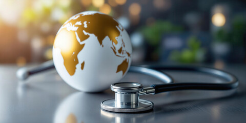 A Stethoscope rests beside globe on reflective surface, symbolizing global healthcare and medical care