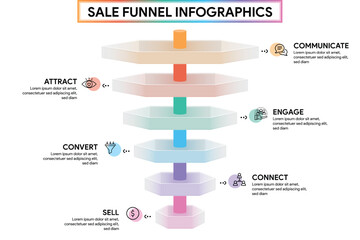 6 Phase Funnel Diagram in Glassmorphism Style. Hexagon Shape with Cylinder Pipeline Infographic Template Illustration for Business Report.