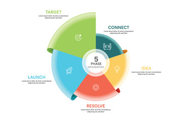 Origami Style Pie Chart Circle Infographic Template With 5 Options, Steps, Parts, Segments. Business Concept. Marketing iInfographic Vector Illustration.