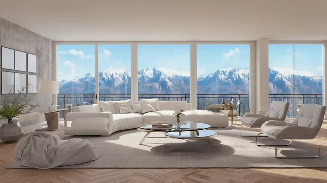 A luxurious modern living room with panoramic mountain views, symbolizing elegant living and natural connection. Ideal for real estate, travel, or interior design.