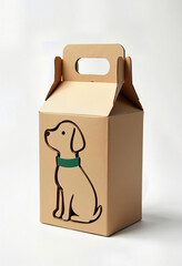 Minimalist and clever pet product packaging featuring a cardboard box with a dog-shaped cutout window, offering a playful peek at the treats inside.
