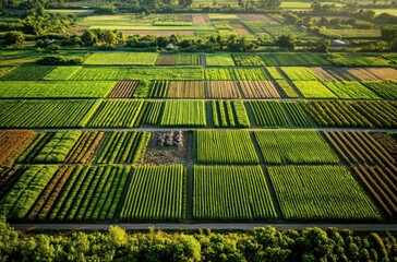 Aerial view of patterned farm plots with various crops, vivid colors, sunrise