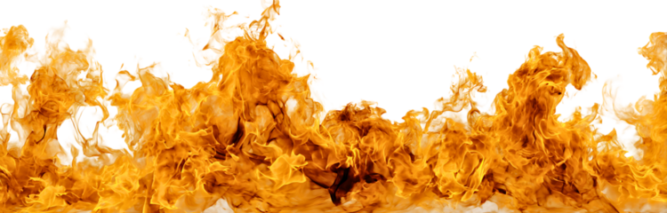 Detailed fiery flames texture arranged horizontally isolated on a white or transparent background