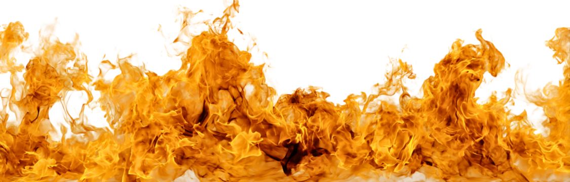 Detailed fiery flames texture arranged horizontally isolated on a white or transparent background