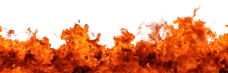 Panoramic fiery flames texture with vibrant burning colors isolated on a white or transparent background