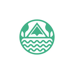 nature logo in a circle that is united, there are mountains, trees and ocean waves.eps