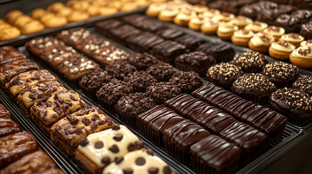 3D bakery counter filled with various fresh cookies brownies, bars. Cookies with chocolate chips brownies with chocolate frosting. Tasty pastry products neatly arranged in rows. Dessert display, cafe 