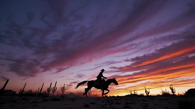 Silhouette of a cowboy on horseback at sunset, captured from a low angle. Dramatic sky enhances the cinematic video feel of the scene.