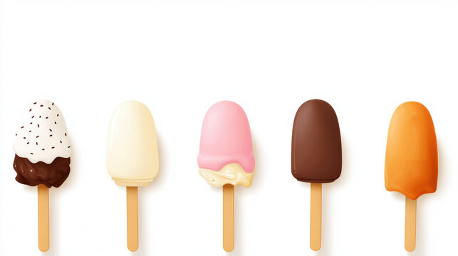 Five different ice cream bars on sticks, each with unique coatings and colors, arranged side by side on a white background.
