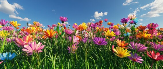 Vibrant colorful flower field under a bright sky