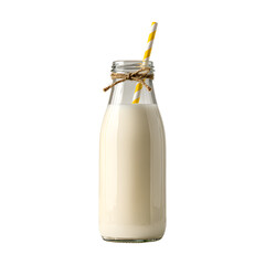 Fresh milk in vintage glass bottle with yellow striped straw and jute rope isolated on transparent background