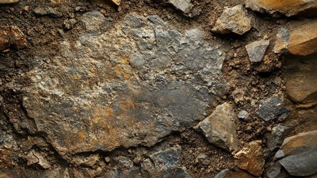Close-up of rough, uneven, dark-brown and orange stones embedded in dark soil