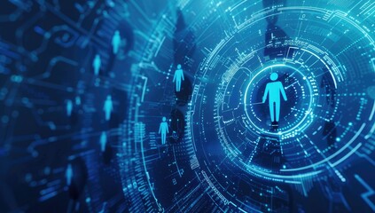 Obraz premium Abstract futuristic digital technology background with business people icons in circles, blue color theme with a blue gradient on the right side
