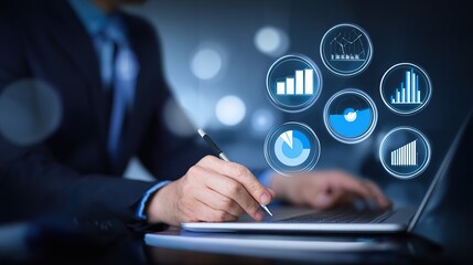 ata-Driven Strategy: Business Professional Analyzing Metrics on Laptop with Pen, Embracing Digital Marketing and Global Networking on Virtual Screen for Company Expansion"