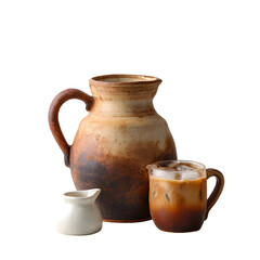 Iced black coffee with ice cubes served in glass beside dark ceramic jug and white cream pitcher isolated on transparent background