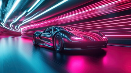 A futuristic vehicle leaving behind neon trails as it speeds through a glowing tunnel 