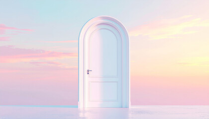 A white arched door closed on the on a pink with blue sky background.