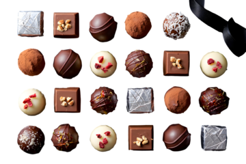 Assorted Dark Milk and White Chocolate Truffles and Squares Arranged on Black Background Gourmet Chocolate Selection Variety of Flavors and Textures Luxurious Confectionery