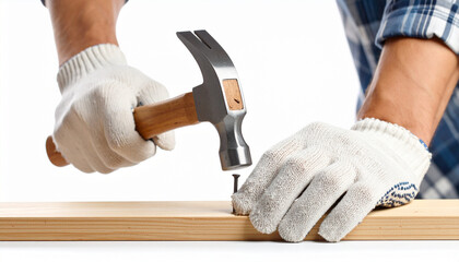 A carpenter hits a nail into a wood with a hammer use gloves, isolated on transparent background