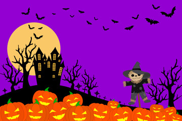 Halloween Night Landscape with Pumpkins, Scarecrow and Haunted House in Graveyard. Spooky Halloween Scene with Full Moon, Bats and Jack-o'-Lanterns. Creepy Halloween Background with Haunted Mansion.