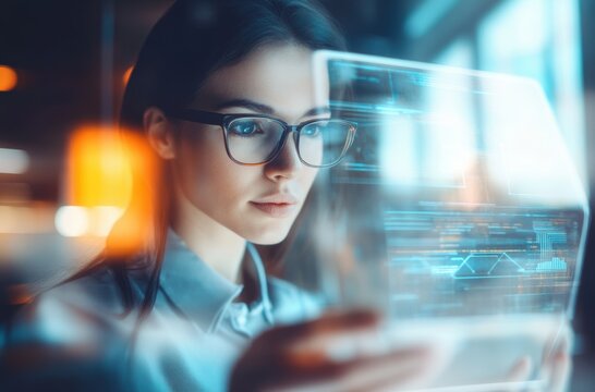Businesswoman using a transparent holographic tablet to make a video call