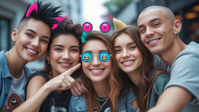 Diverse group of friends using AR emoji filters while taking a selfie