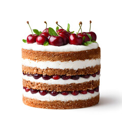 Delicious Layered Cake with Cherries  Isolated on White