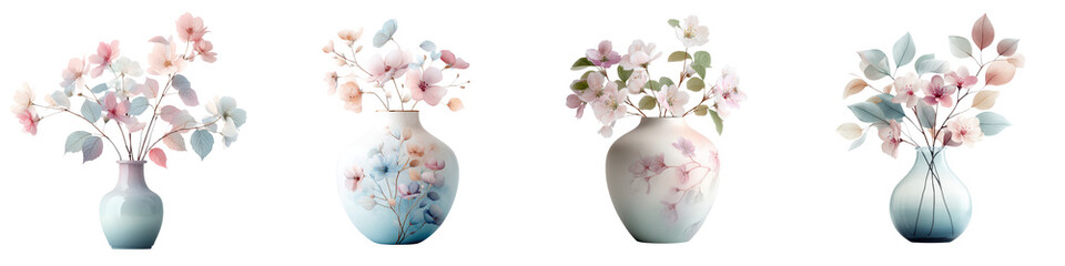 Delicate pastel floral arrangements in ceramic vases