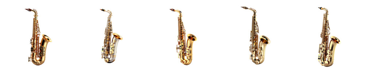 Five saxophones are lined up in a row