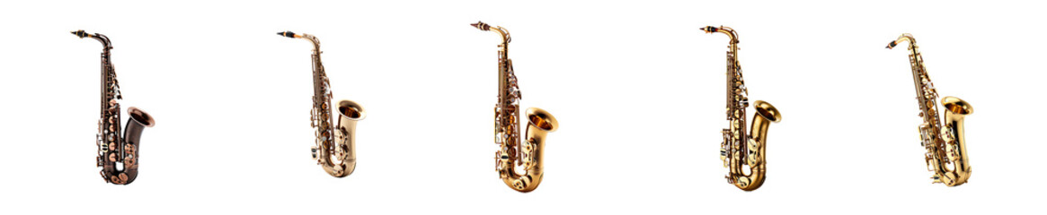 Row of five saxophones are shown in different colors