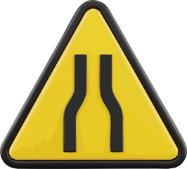 3D icon of a road narrows warning sign with yellow triangle, plain isolated white background without shadow

