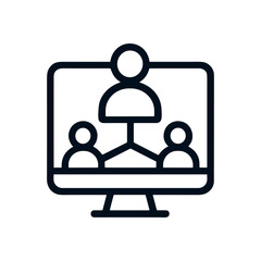Digital meeting displays interconnected participants. Icon symbol illustration