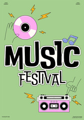 Music poster template design background. Retro vinyl record and boombox radio