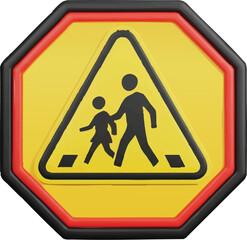 3D icon of a school zone warning sign with children crossing symbol, plain isolated white background without shadow
