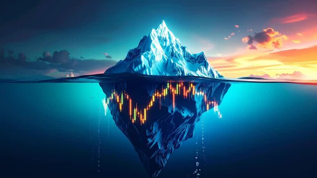An iceberg with a hidden chart beneath the surface.  Colorful candlestick chart patterns on a submerged iceberg, in deep ocean water. Sunset sky visible above the waterline