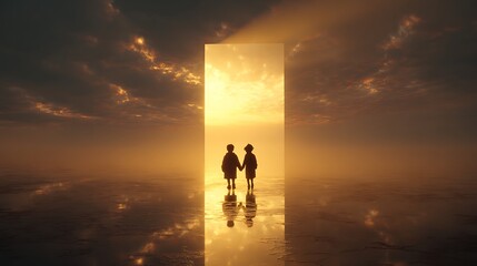 Children Holding Hands at Portal to Paradise Dreamy Reflective Horizon