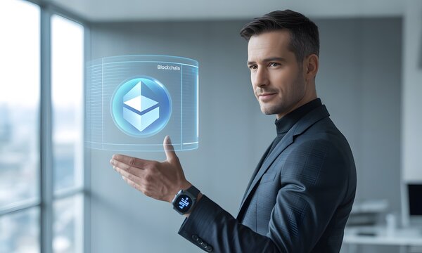 Man Presents Blockchain Technology in Modern Office