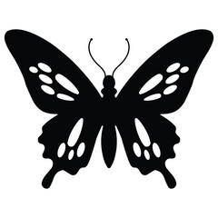 Black butterfly silhouette vector illustration with decorative symmetrical wing patterns on white background
