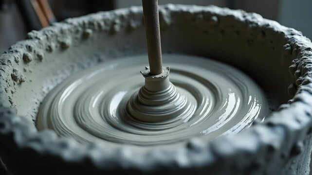 A closeup of cement being mixed in a concrete mixer with the rich gray material swirling inside capturing the texture and readiness for pouring into molds for the stadiums