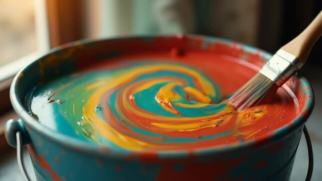 A medium closeup of a paint mixing station with vibrant pigments swirling together in a large bucket highlighting the preparation phase of the coating process.