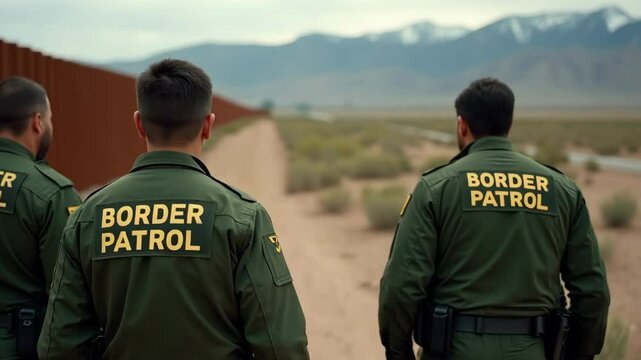Border patrol officers walking along border 