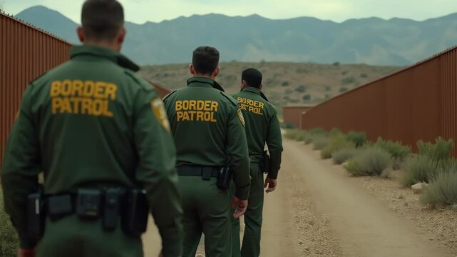 Border patrol officers walking along border 
