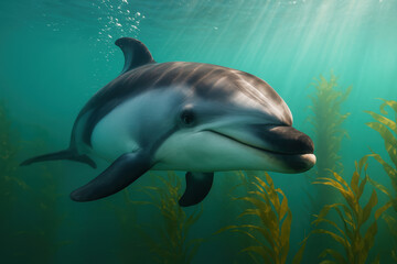 Fototapeta premium Playful dolphin swimming through sunlit underwater kelp forest, surrounded by clear blue water and beams of natural light