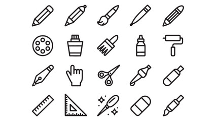 Collection of 24 Art Supplies and Tools Line Icons Pencils, Brushes, Paints, and More