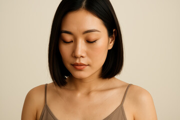 Fototapeta premium Calm young woman with short black hair in neutral camisole standing with closed eyes against a beige background