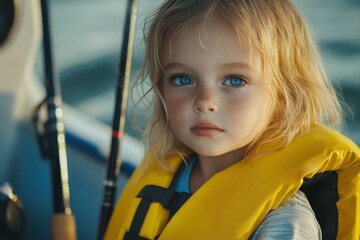 Life Jacket Kid. Caucasian Beautiful Blond Girl Fishing on a Boat with Trolling Rod and Yellow Life Jacket