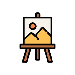 Artistic easel displaying landscape painting. Icon symbol illustration